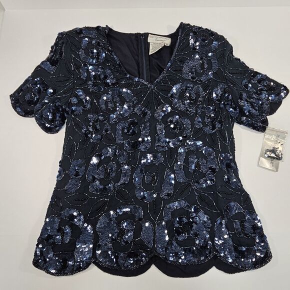 PAPELL Boutique Evening Navy Sequin Beaded Silk Scalloped Hem Blouse Top Size M - Picture 10 of 12